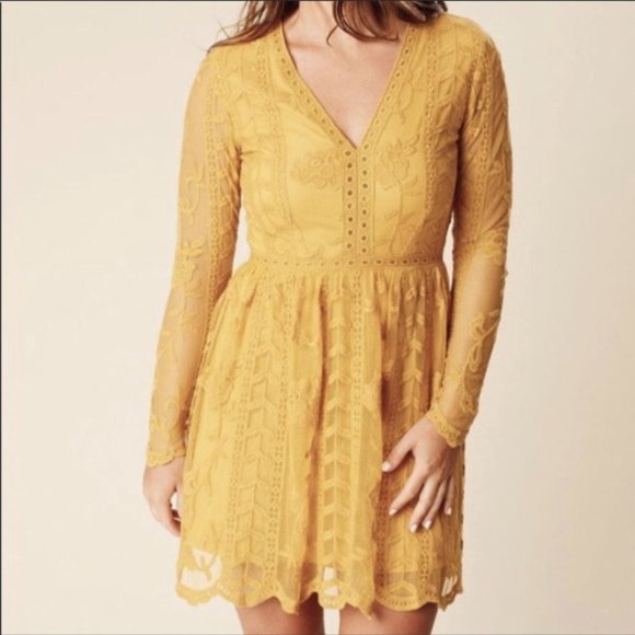 Altar'd State Dresses & Skirts - NWT Altar’d State Mustard Lace Long Sleeve Dress